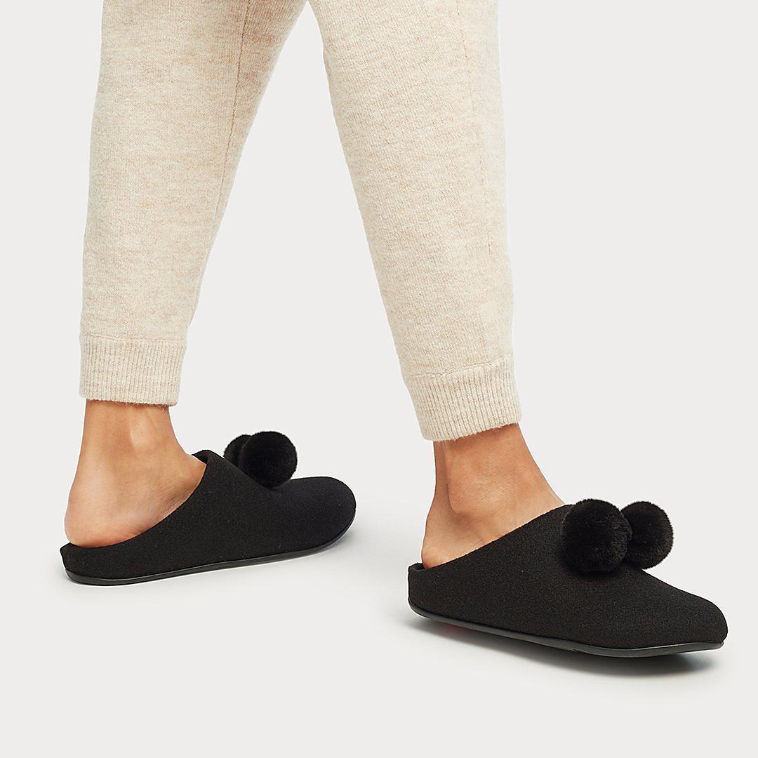 Women's Fitflop CHRISSIE Pom-Pom Felt Slippers Black | Ireland-67841