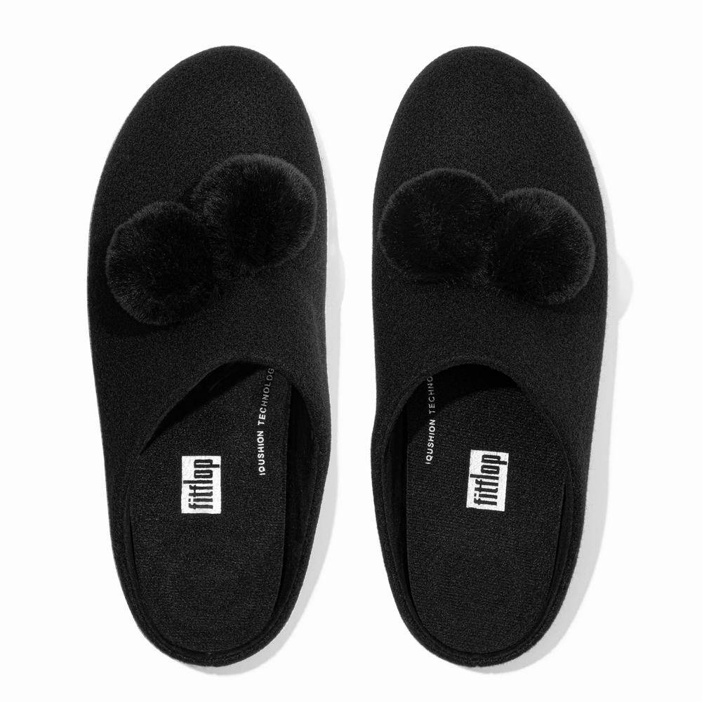 Women's Fitflop CHRISSIE Pom-Pom Felt Slippers Black | Ireland-67841