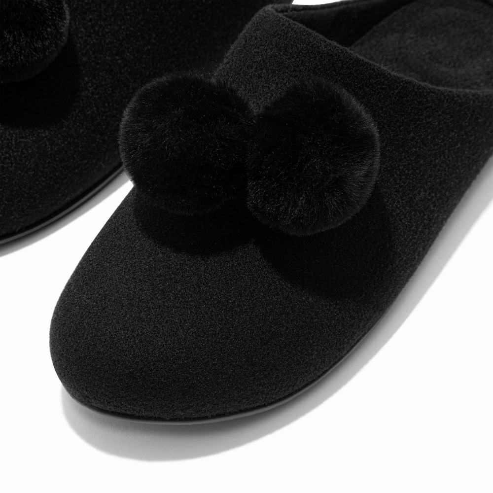 Women's Fitflop CHRISSIE Pom-Pom Felt Slippers Black | Ireland-67841