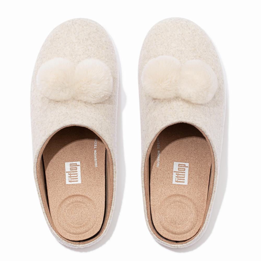 Women's Fitflop CHRISSIE Pom-Pom Felt Slippers White | Ireland-71540