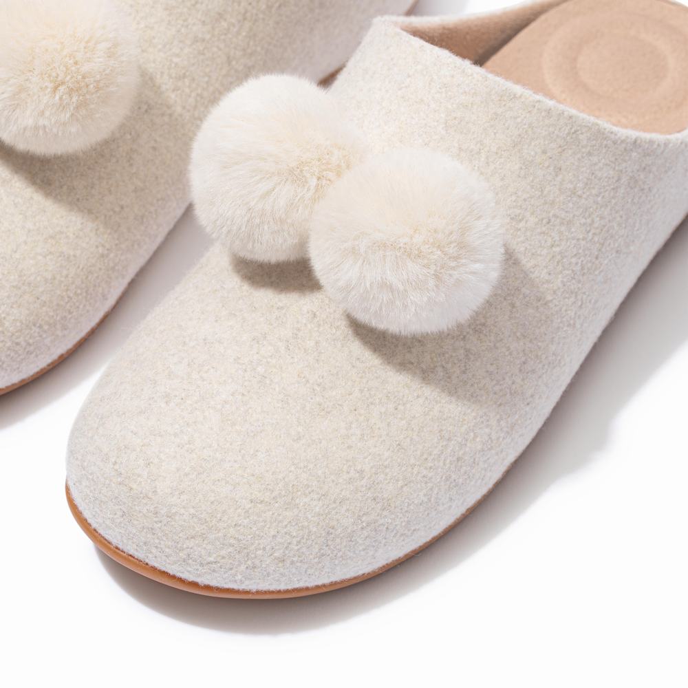 Women's Fitflop CHRISSIE Pom-Pom Felt Slippers White | Ireland-71540