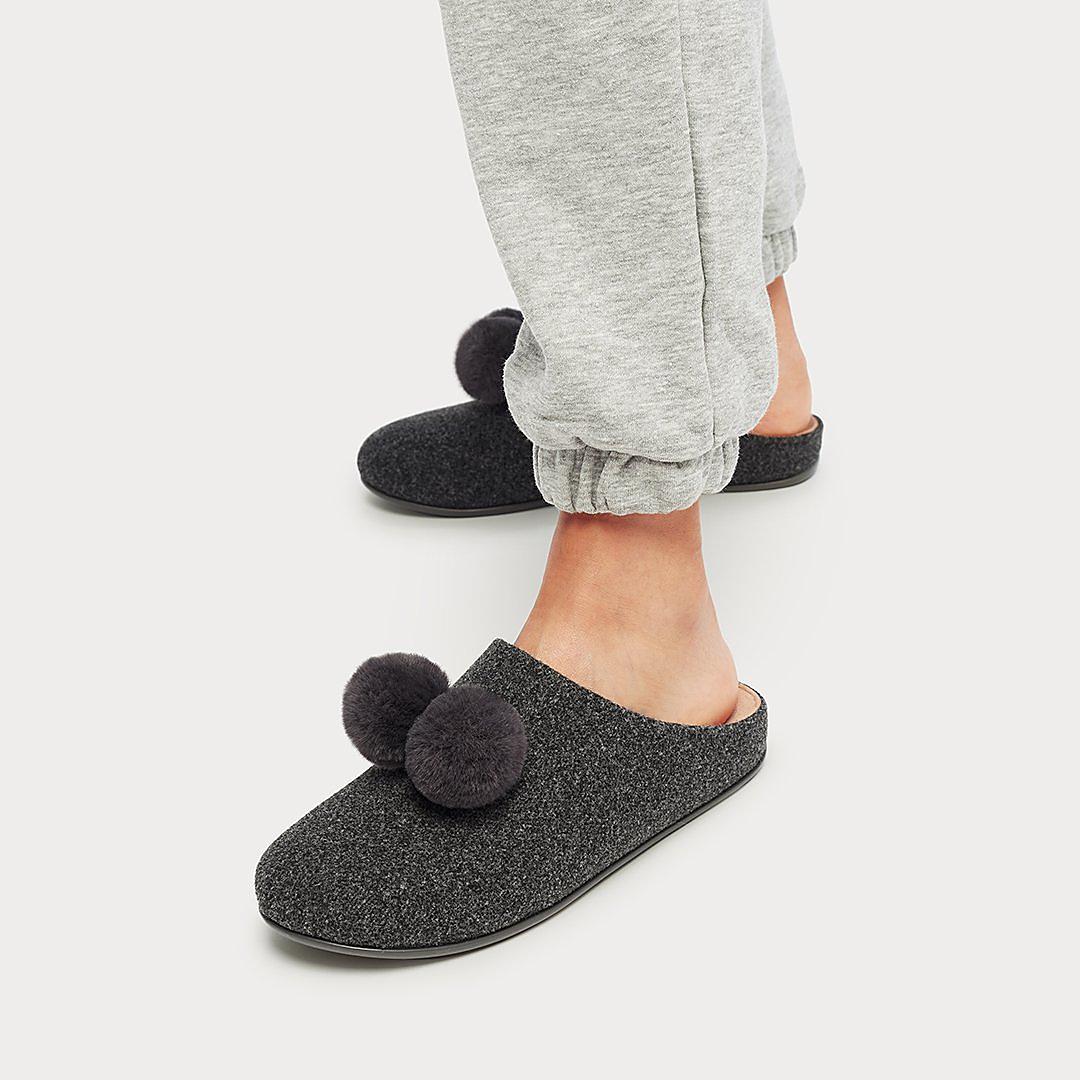 Women's Fitflop CHRISSIE Pom-Pom Felt Slippers Grey | Ireland-74102