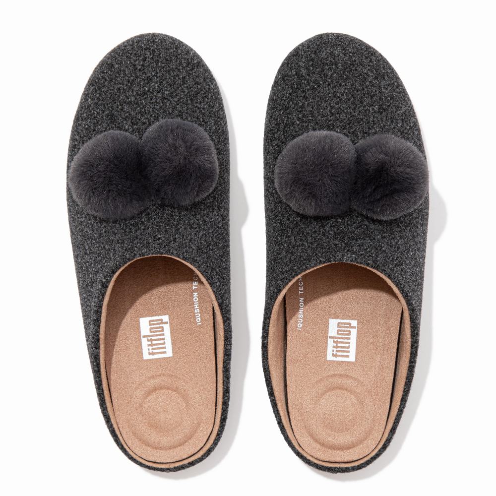 Women's Fitflop CHRISSIE Pom-Pom Felt Slippers Grey | Ireland-74102