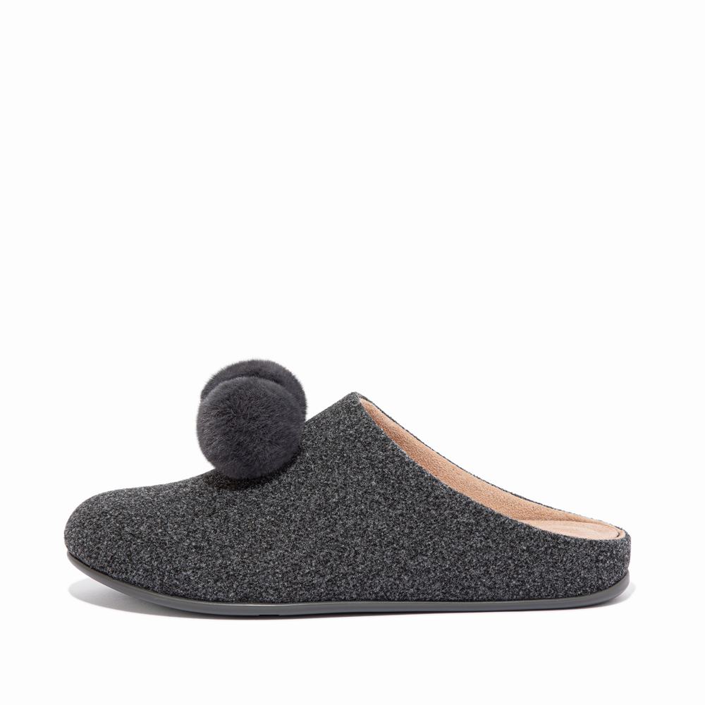 Women\'s Fitflop CHRISSIE Pom-Pom Felt Slippers Grey | Ireland-74102