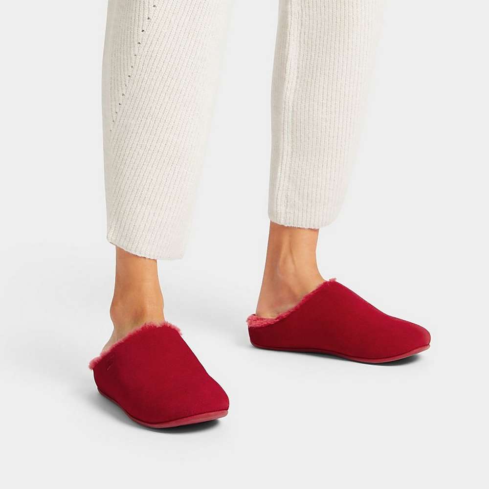 Women's Fitflop CHRISSIE Shearling-Lined Suede Slippers Red | Ireland-81567