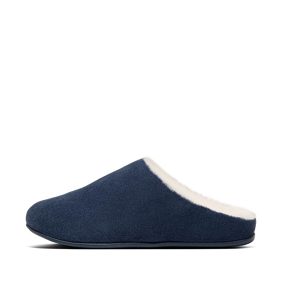 Women\'s Fitflop CHRISSIE Shearling Suede Slippers Navy | Ireland-05782