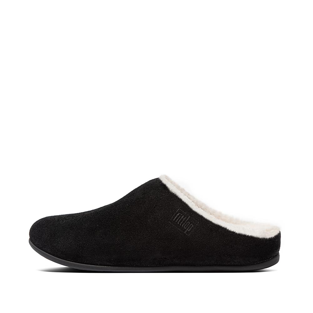 Women\'s Fitflop CHRISSIE Shearling Suede Slippers Black | Ireland-28963