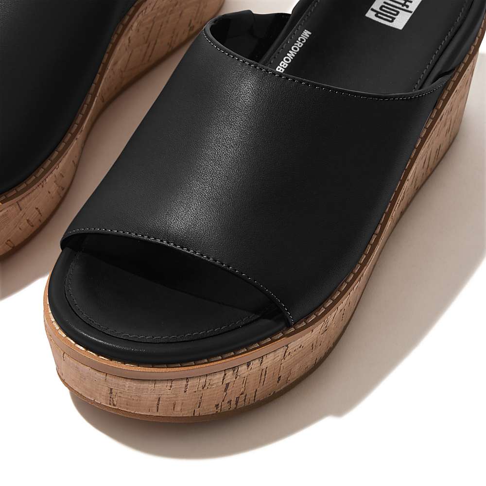 Women's Fitflop ELOISE Cork-Wrap Leather Wedge Slides Sandals Black | Ireland-42791