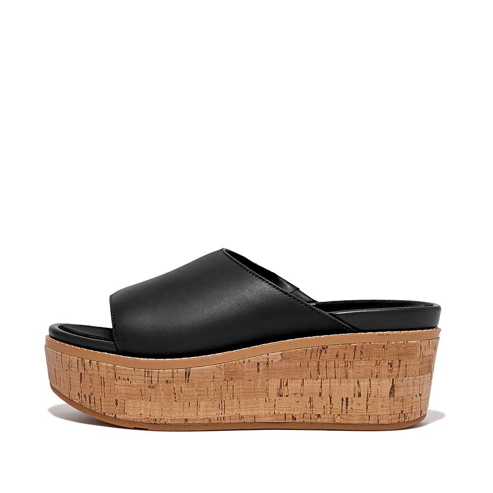 Women\'s Fitflop ELOISE Cork-Wrap Leather Wedge Slides Sandals Black | Ireland-42791