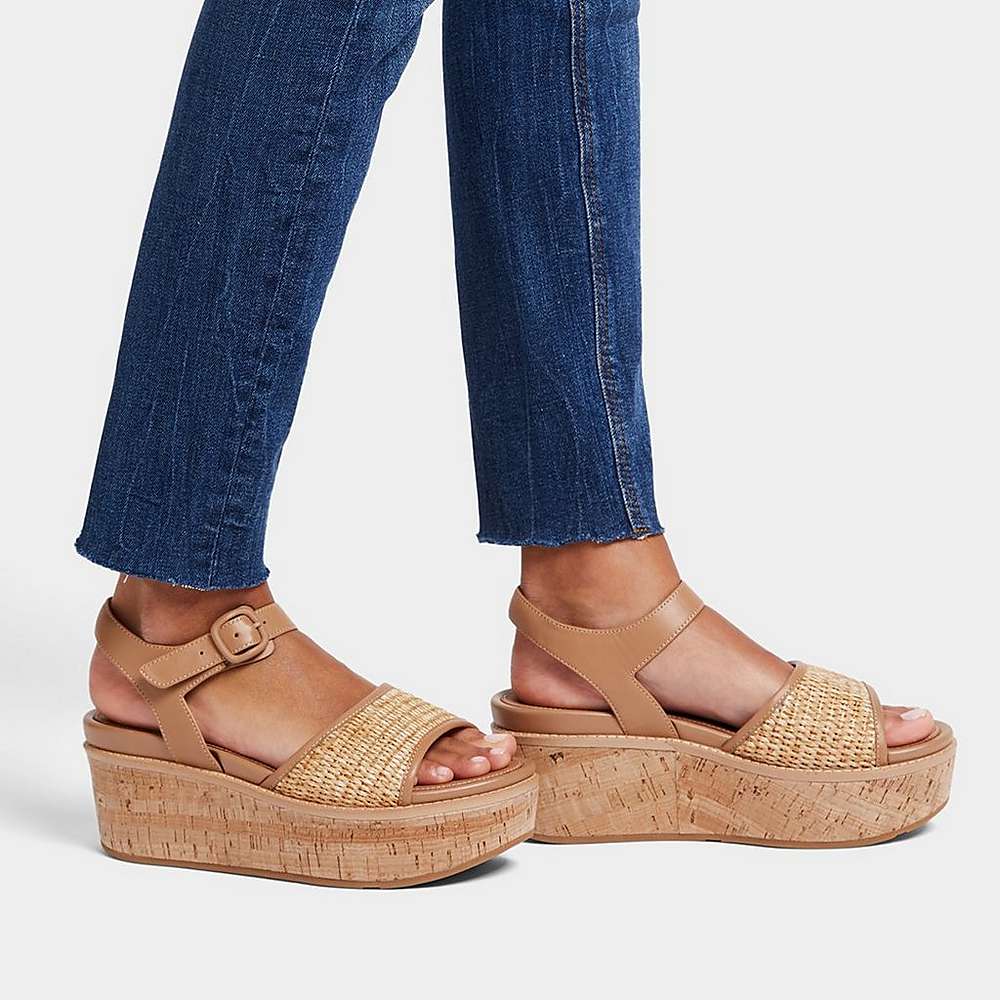 Women's Fitflop ELOISE Cork-Wrap Woven Back-Strap Wedge Sandals Brown/White | Ireland-52094