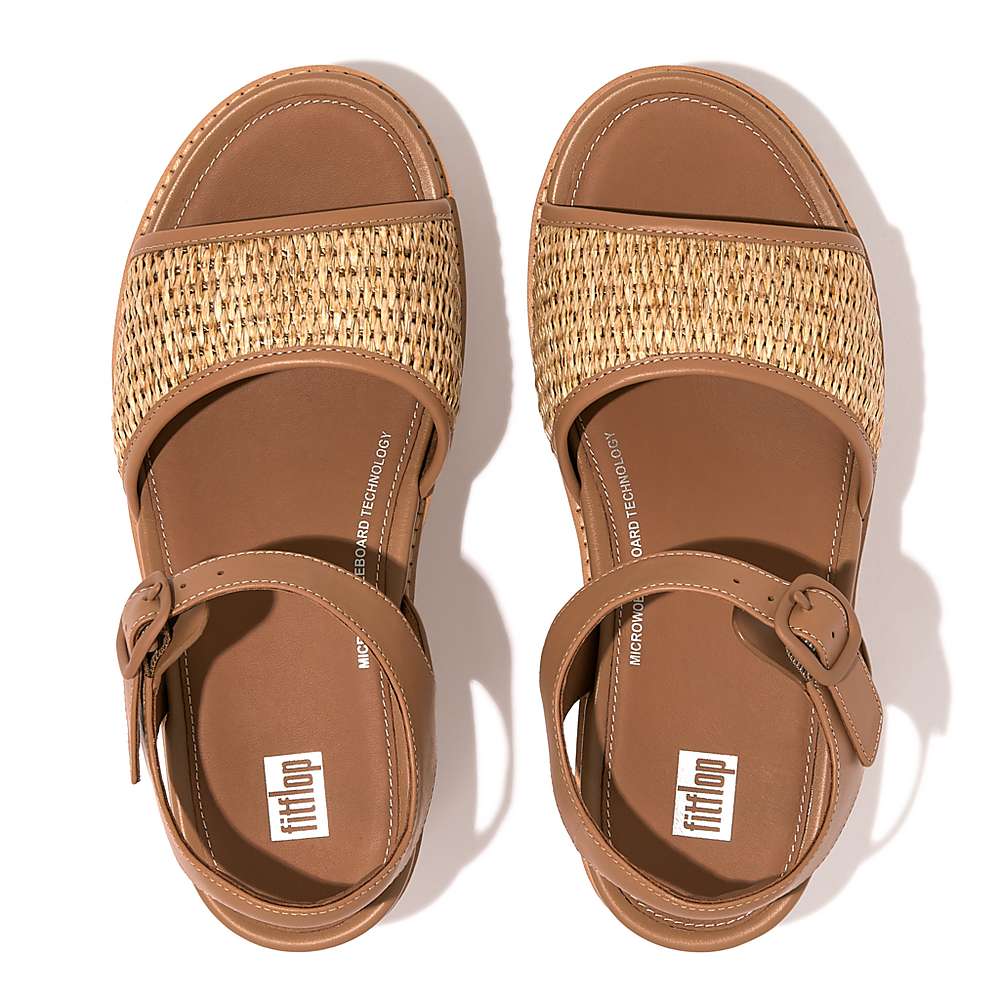 Women's Fitflop ELOISE Cork-Wrap Woven Back-Strap Wedge Sandals Brown/White | Ireland-52094