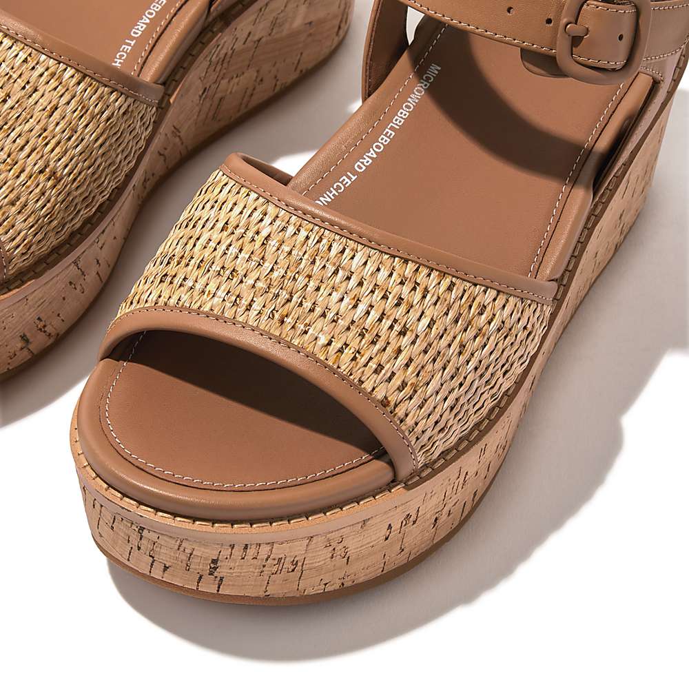 Women's Fitflop ELOISE Cork-Wrap Woven Back-Strap Wedge Sandals Brown/White | Ireland-52094