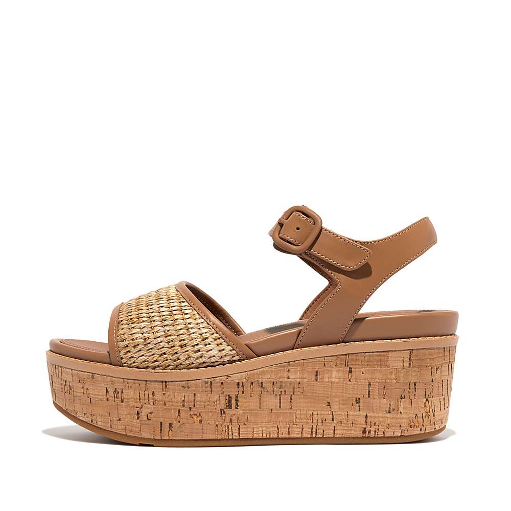 Women\'s Fitflop ELOISE Cork-Wrap Woven Back-Strap Wedge Sandals Brown/White | Ireland-52094