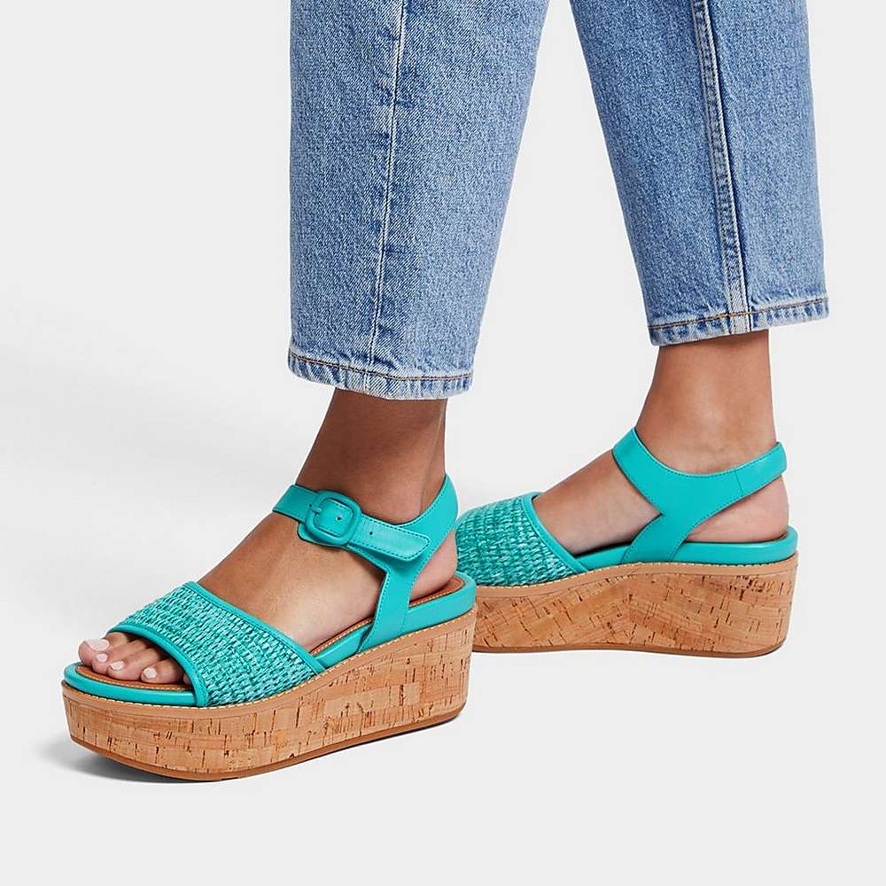 Women's Fitflop ELOISE Cork-Wrap Woven Back-Strap Wedge Sandals Blue/White | Ireland-52389