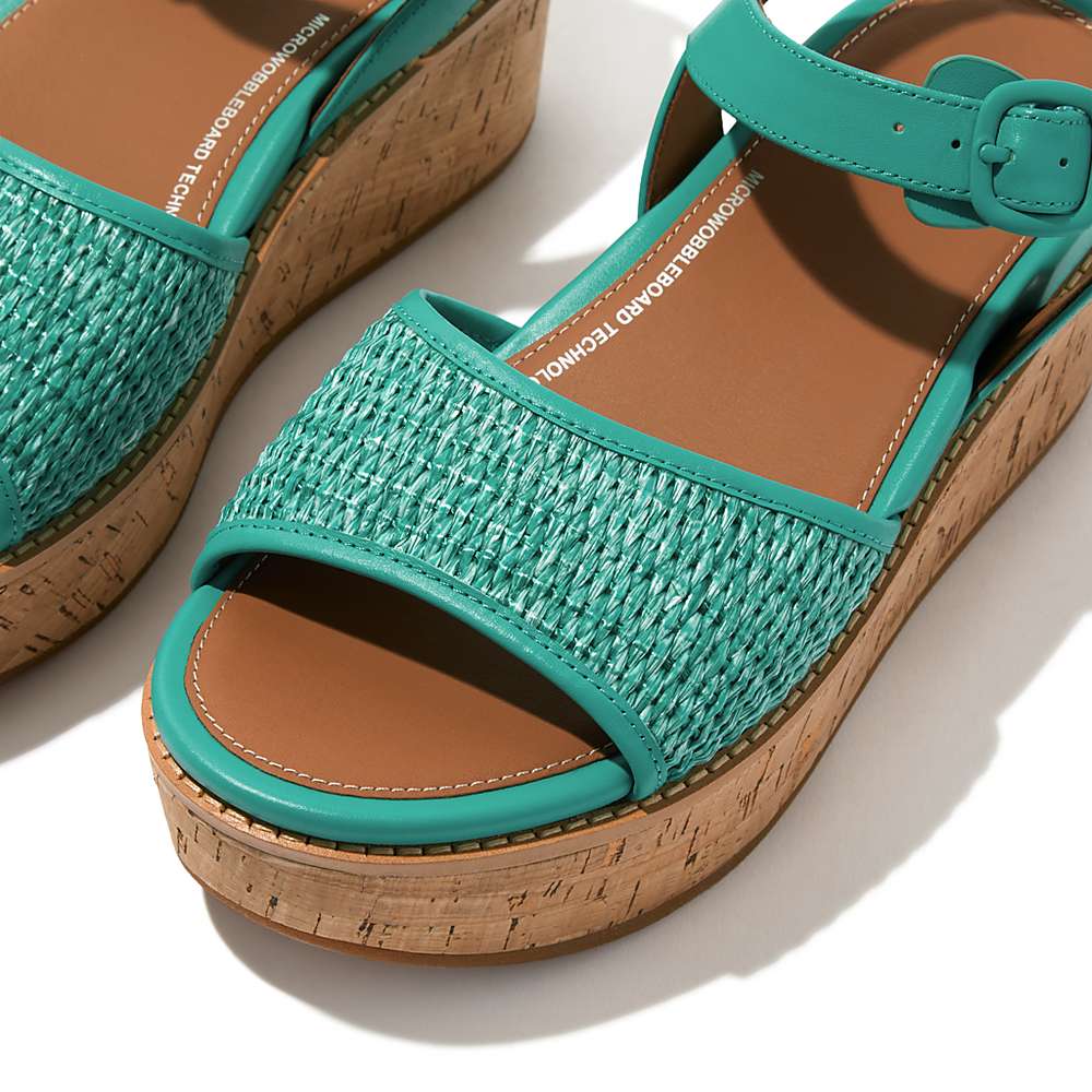 Women's Fitflop ELOISE Cork-Wrap Woven Back-Strap Wedge Sandals Blue/White | Ireland-52389