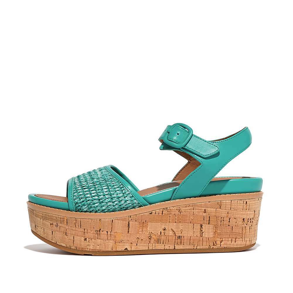 Women\'s Fitflop ELOISE Cork-Wrap Woven Back-Strap Wedge Sandals Blue/White | Ireland-52389