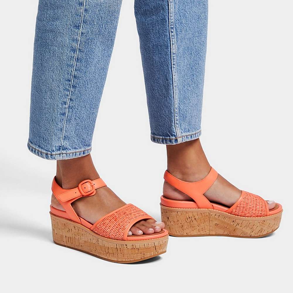 Women's Fitflop ELOISE Cork-Wrap Woven Back-Strap Wedge Sandals Orange Coral | Ireland-78294