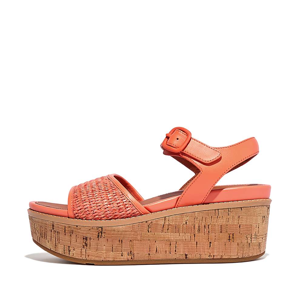 Women\'s Fitflop ELOISE Cork-Wrap Woven Back-Strap Wedge Sandals Orange Coral | Ireland-78294