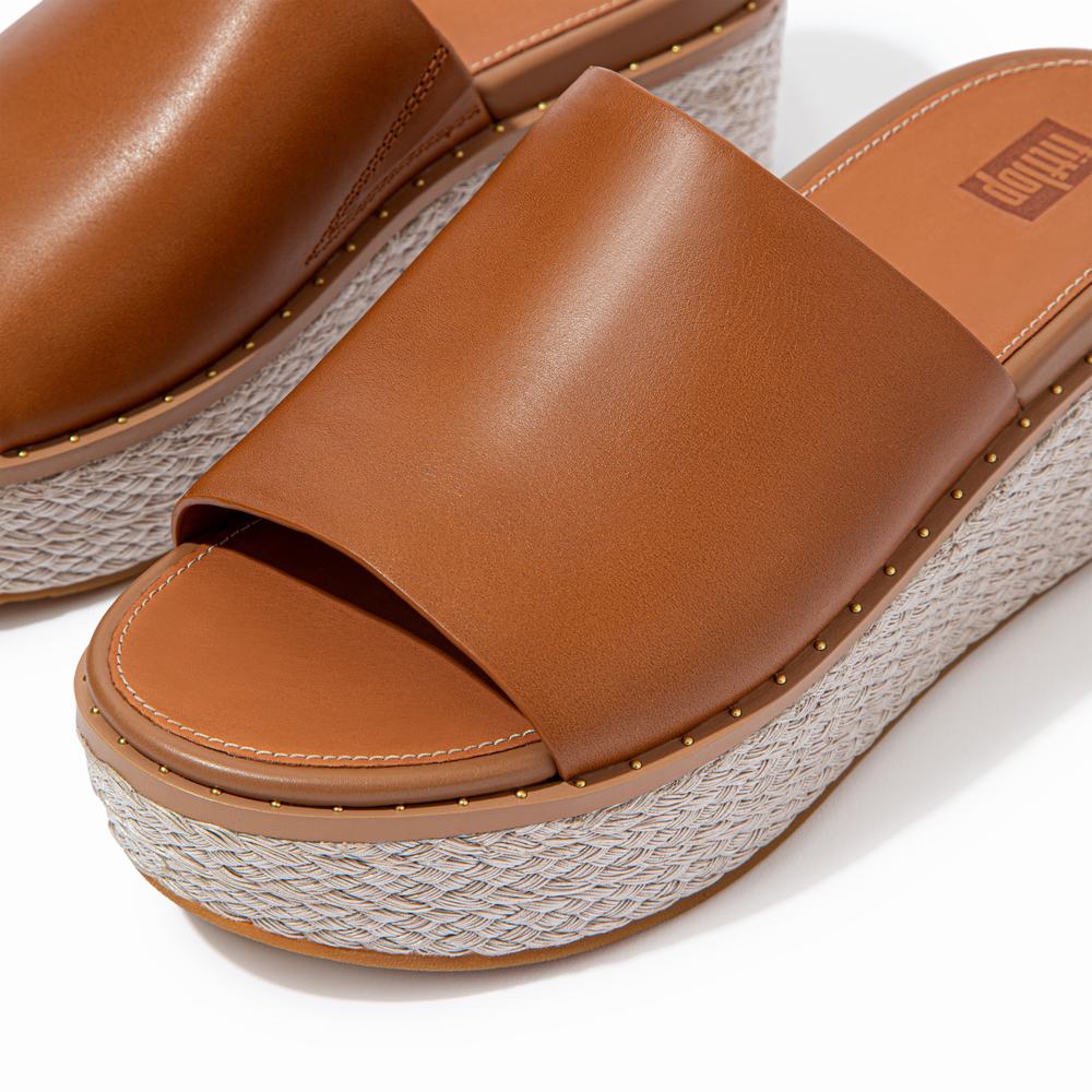 Women's Fitflop ELOISE Espadrille Leather Wedge Slides Sandals Light Brown | Ireland-05738