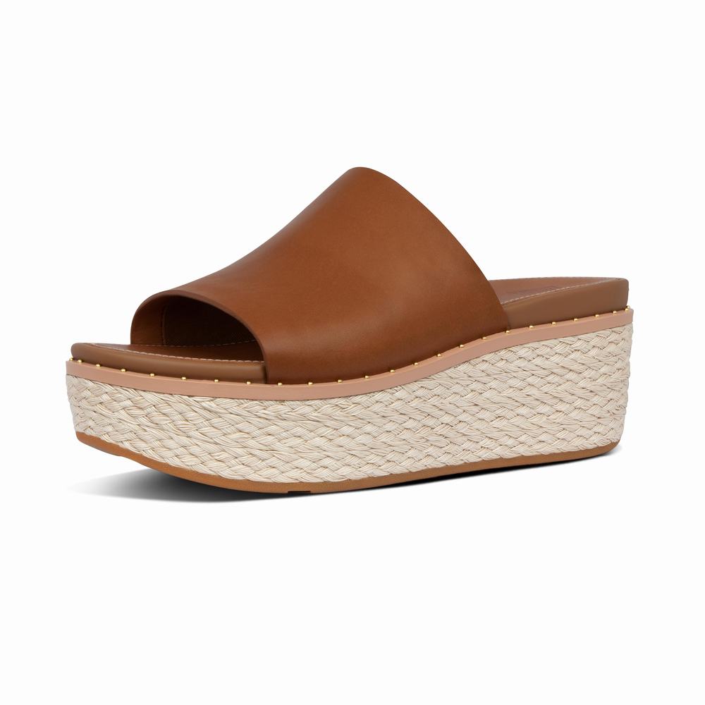 Women's Fitflop ELOISE Espadrille Leather Wedge Slides Sandals Light Brown | Ireland-05738