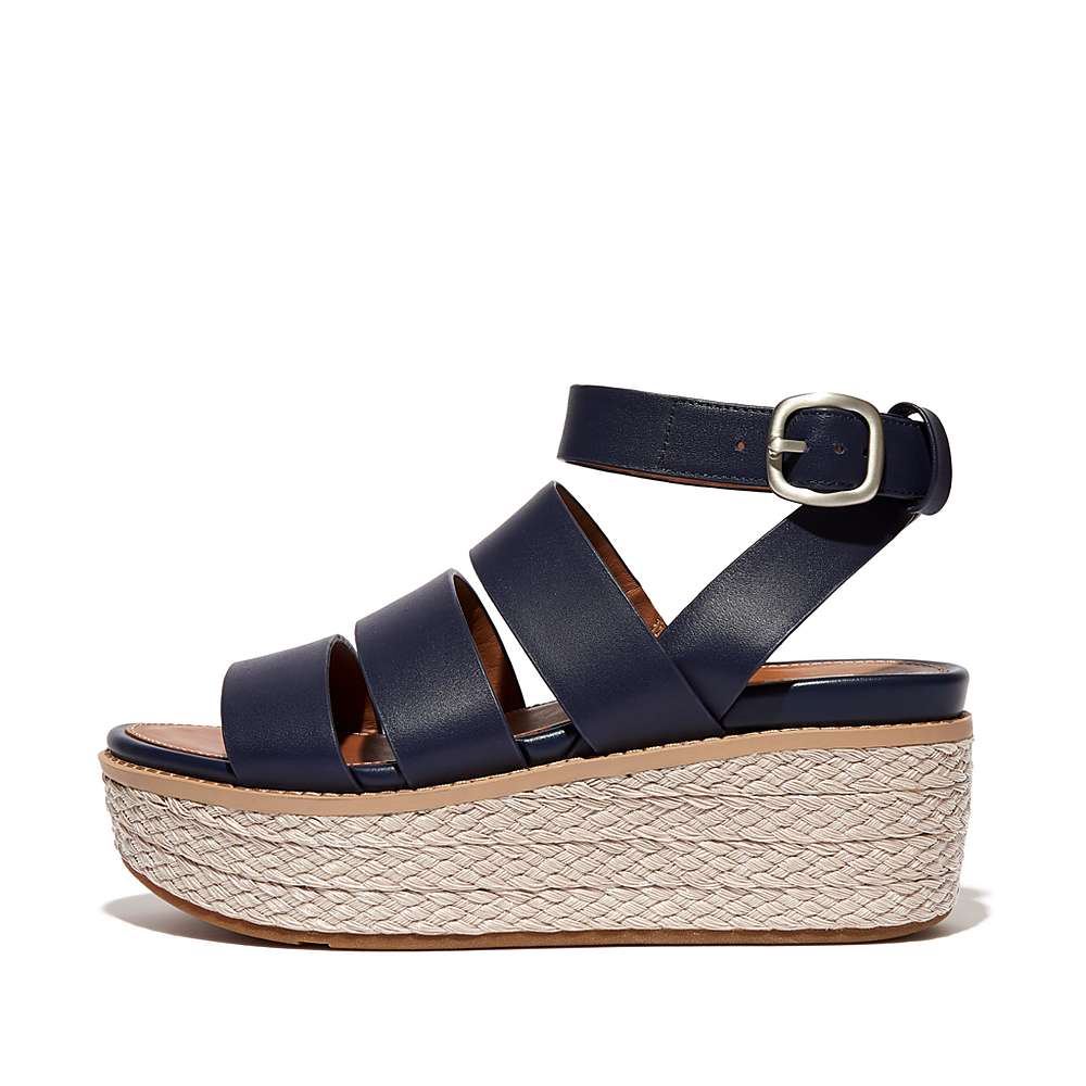 Women\'s Fitflop ELOISE Espadrille Leather Wedge Sandals Navy | Ireland-21958