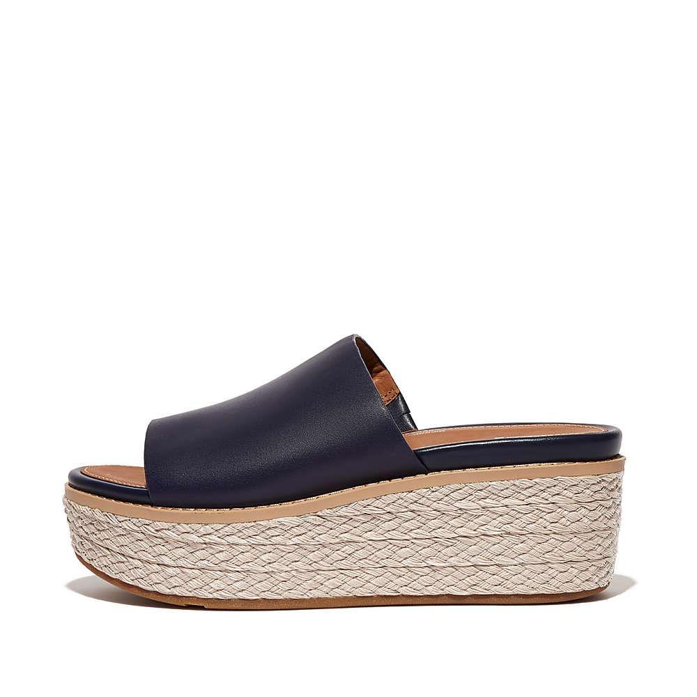 Women\'s Fitflop ELOISE Espadrille Leather Wedge Slides Sandals Navy | Ireland-29653