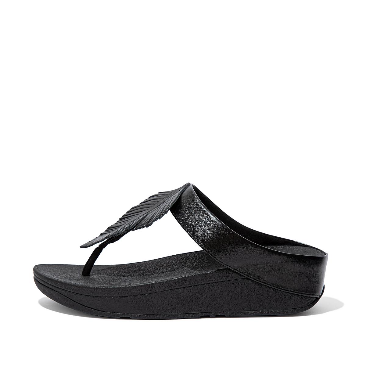 Women\'s Fitflop FINO Feather Metallic Toe-Post Sandals Black | Ireland-10875