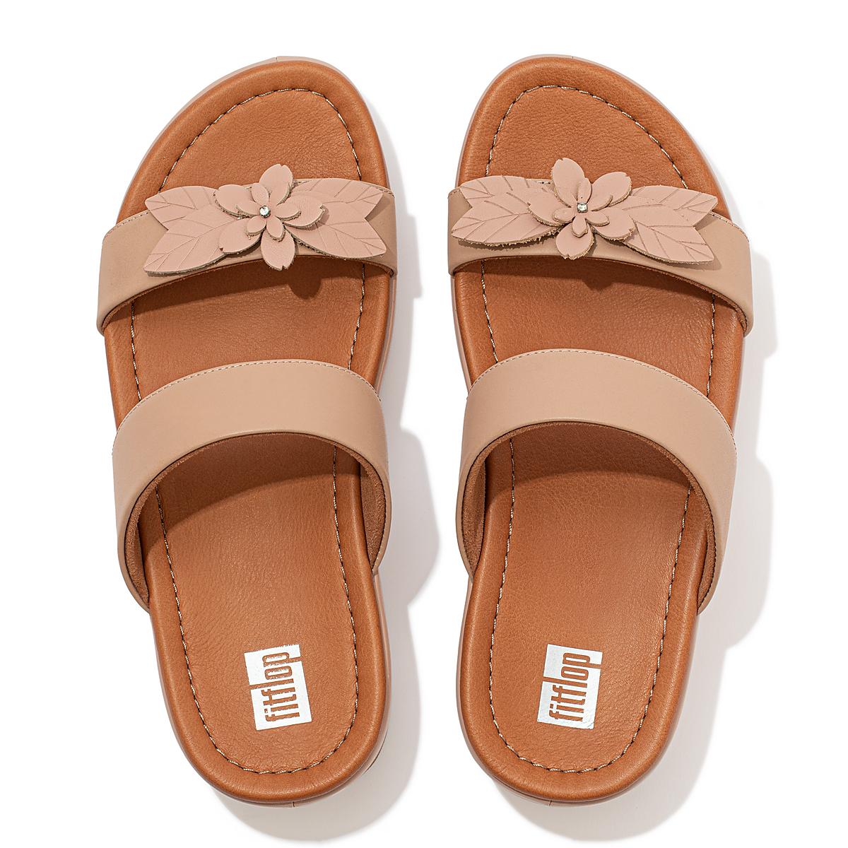 Women's Fitflop FINO Floral Leather Slides Sandals Beige | Ireland-02963