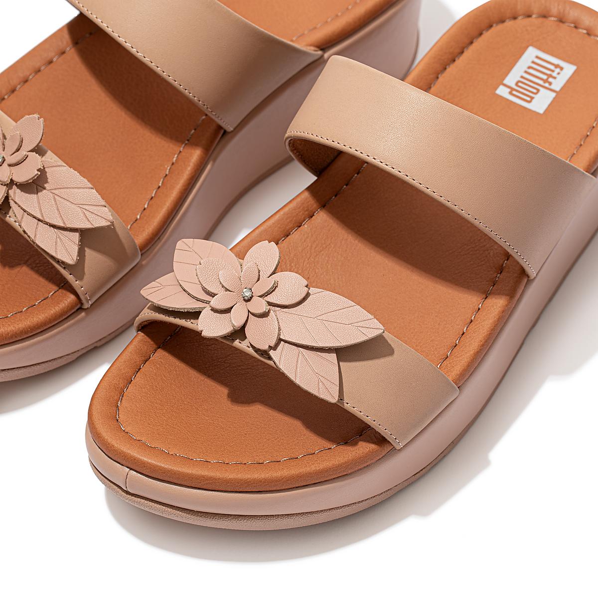 Women's Fitflop FINO Floral Leather Slides Sandals Beige | Ireland-02963