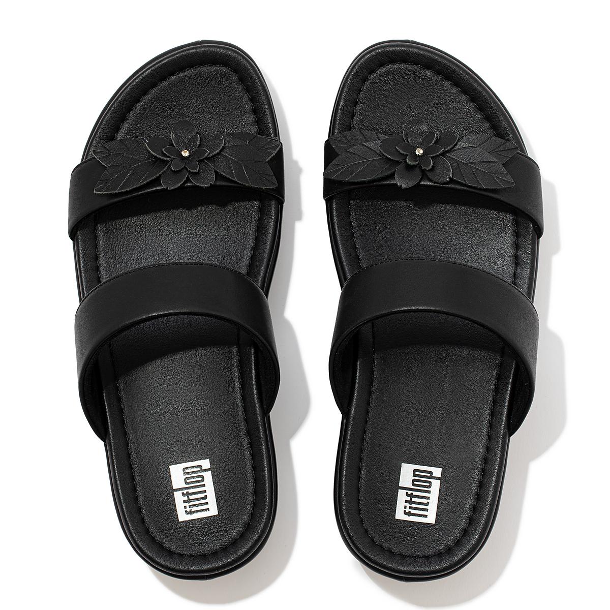 Women's Fitflop FINO Floral Leather Slides Sandals Black | Ireland-12593