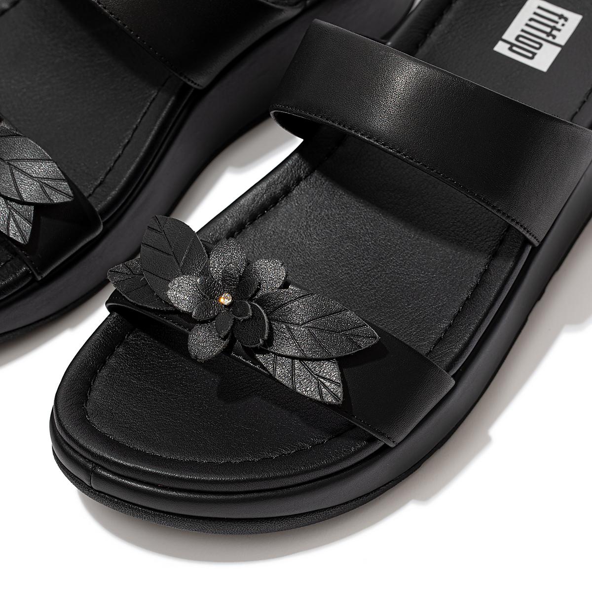 Women's Fitflop FINO Floral Leather Slides Sandals Black | Ireland-12593