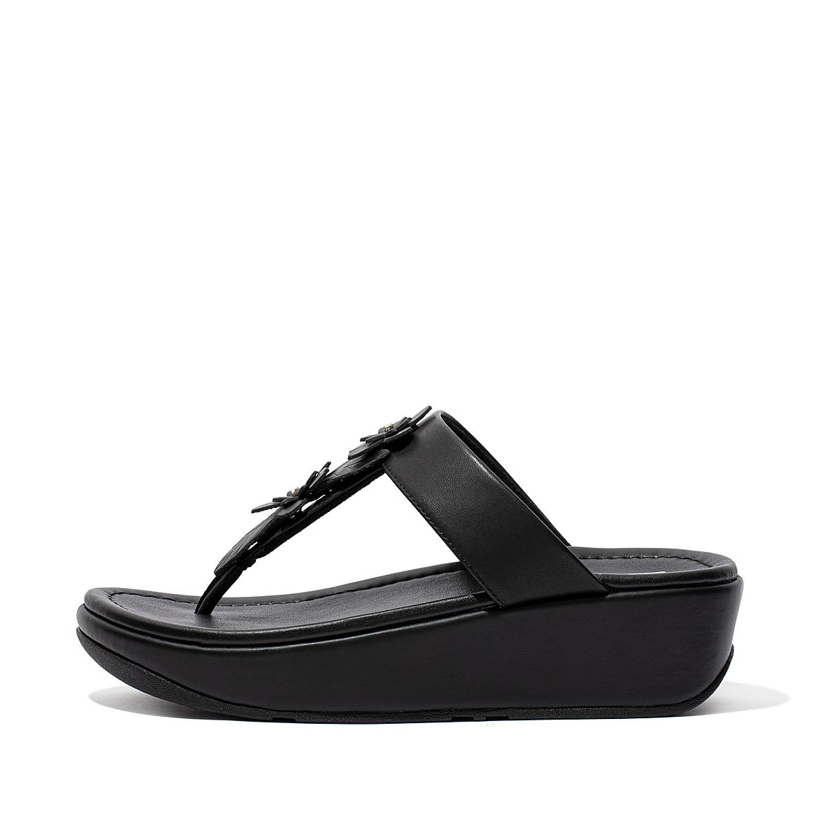 Women\'s Fitflop FINO Floral Leather Toe-Post Sandals Black | Ireland-89056