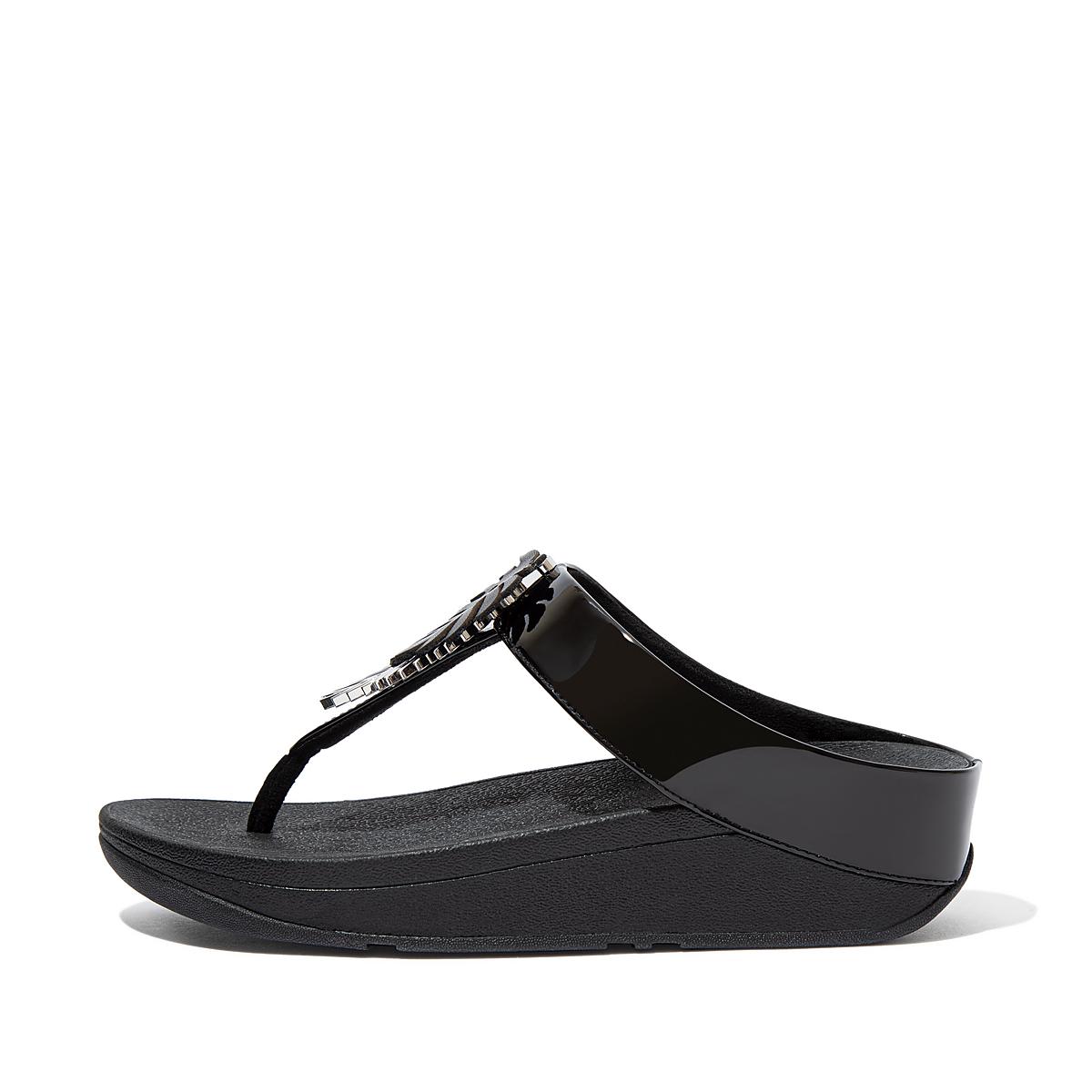 Women\'s Fitflop FINO Jungle Leaf Patent Toe-Post Sandals Black | Ireland-14273