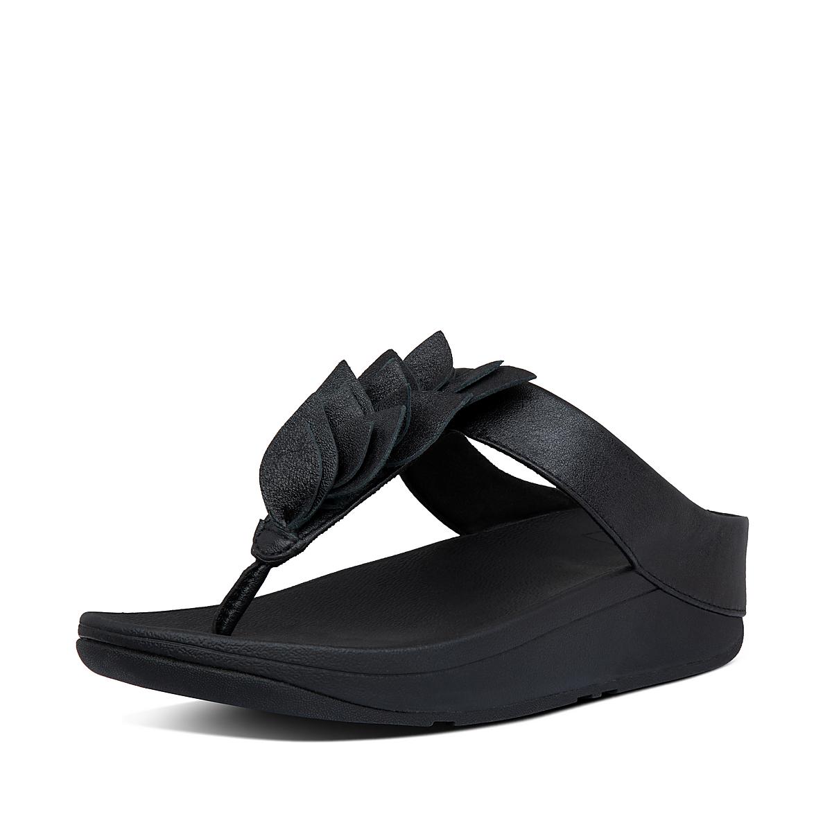 Women's Fitflop FINO Leaf Leather Toe-Thongs Sandals Black | Ireland-52084