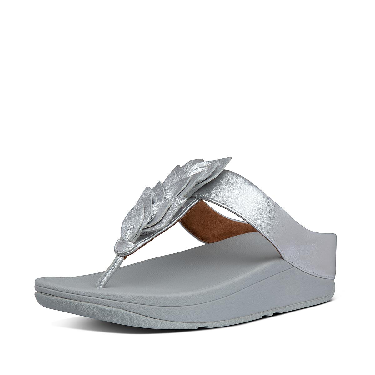 Women's Fitflop FINO Leaf Metallic Leather Toe-Thongs Sandals Silver | Ireland-46320