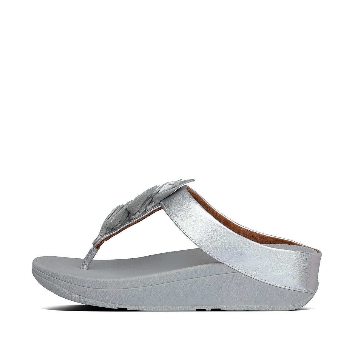 Women\'s Fitflop FINO Leaf Metallic Leather Toe-Thongs Sandals Silver | Ireland-46320