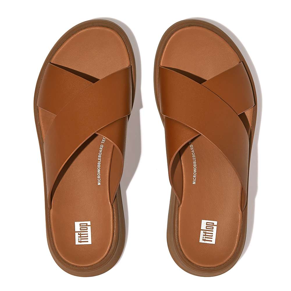 Women's Fitflop F-MODE Leather Flatform Cross Slides Sandals Light Brown | Ireland-38965