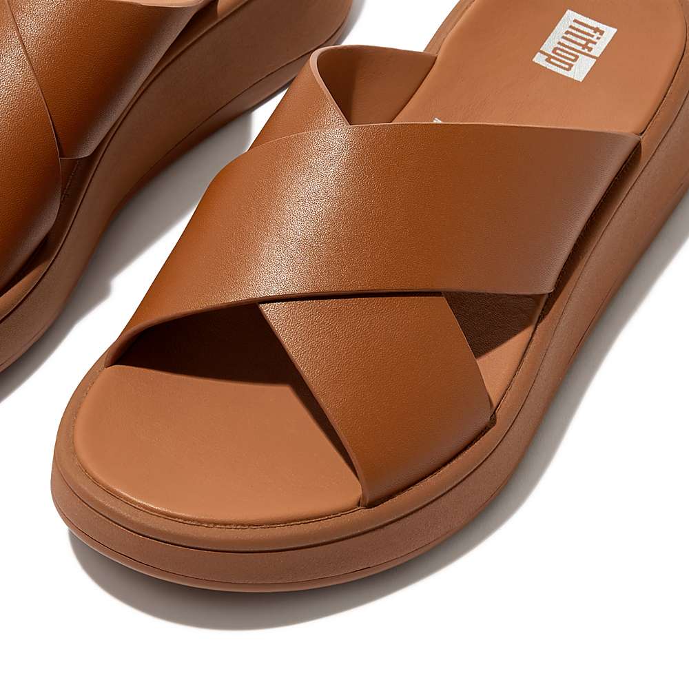 Women's Fitflop F-MODE Leather Flatform Cross Slides Sandals Light Brown | Ireland-38965