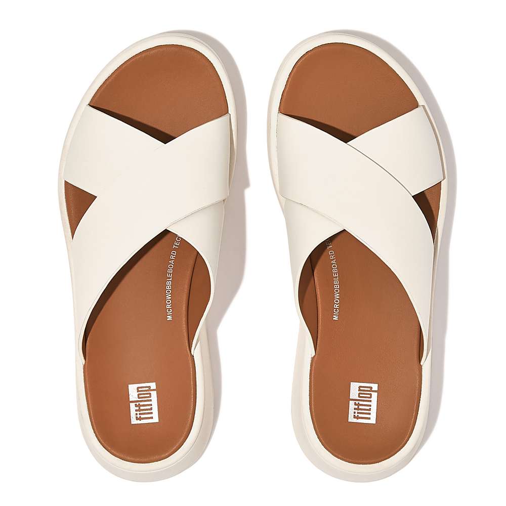 Women's Fitflop F-MODE Leather Flatform Cross Slides Sandals Cream | Ireland-40682