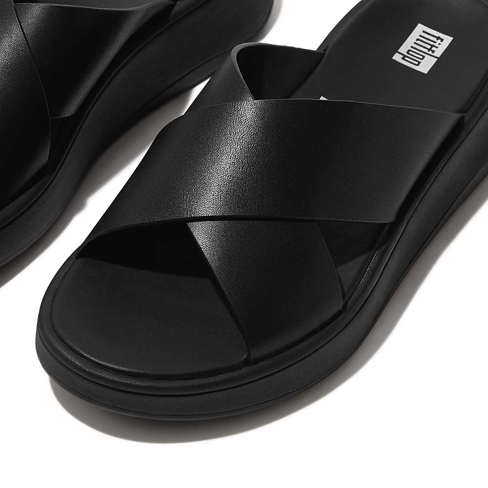 Women's Fitflop F-MODE Leather Flatform Cross Slides Sandals Black | Ireland-76248