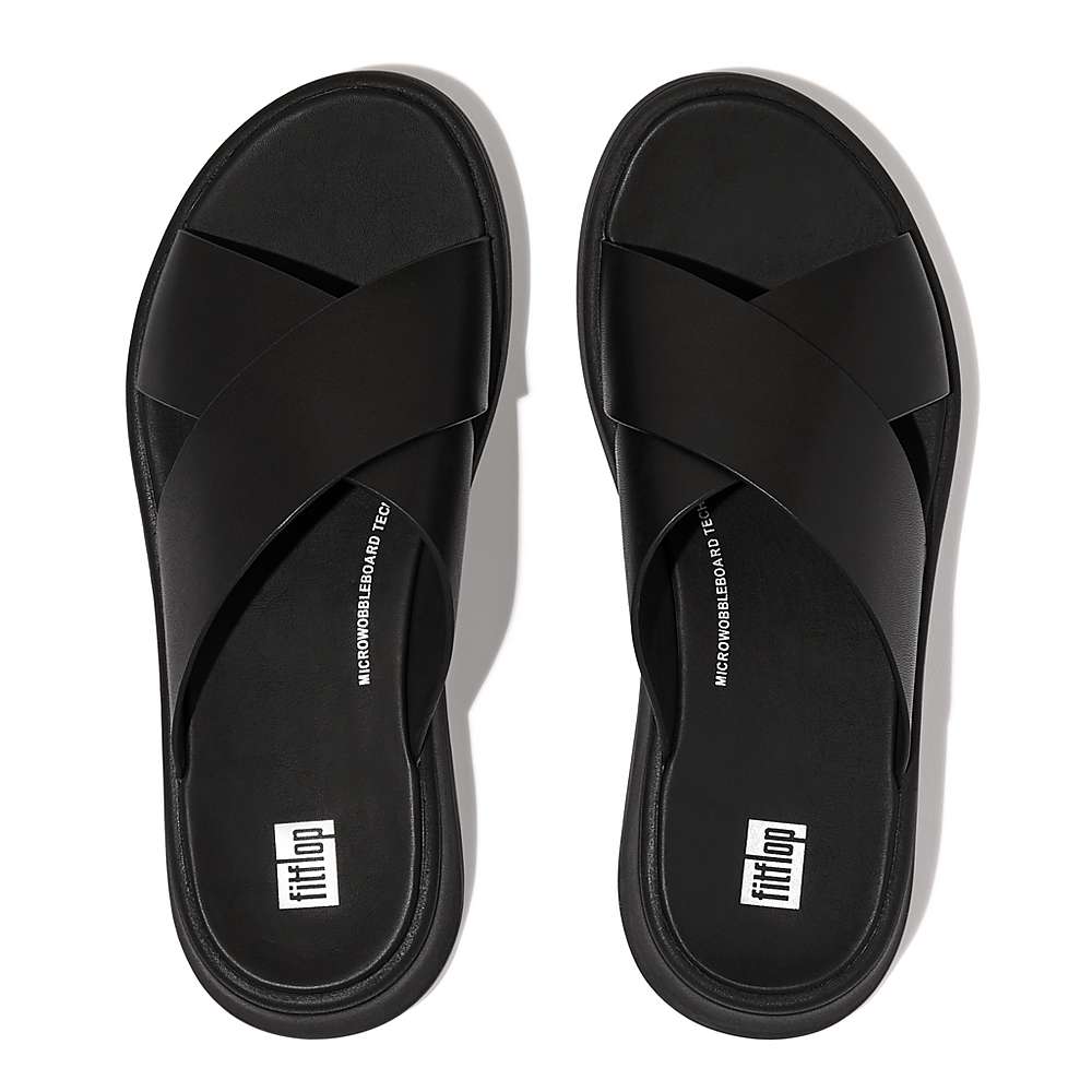 Women's Fitflop F-MODE Leather Flatform Cross Slides Sandals Black | Ireland-76248