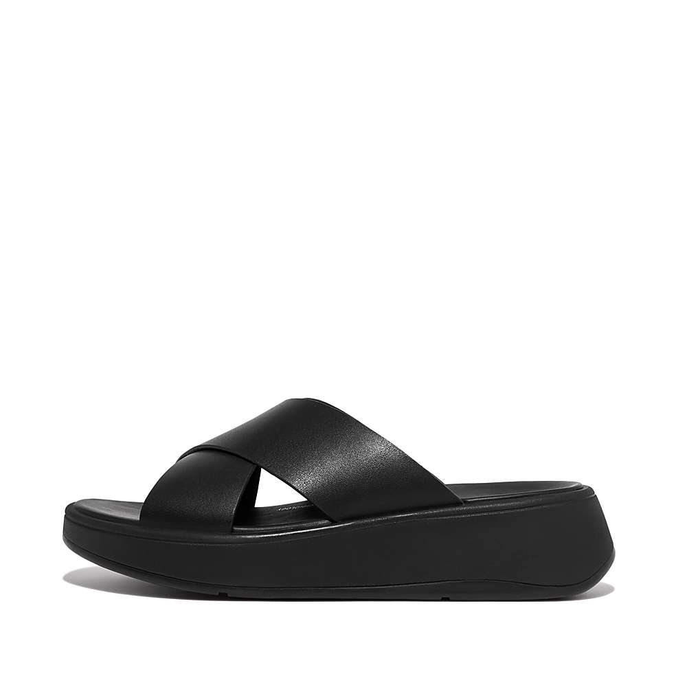 Women\'s Fitflop F-MODE Leather Flatform Cross Slides Sandals Black | Ireland-76248