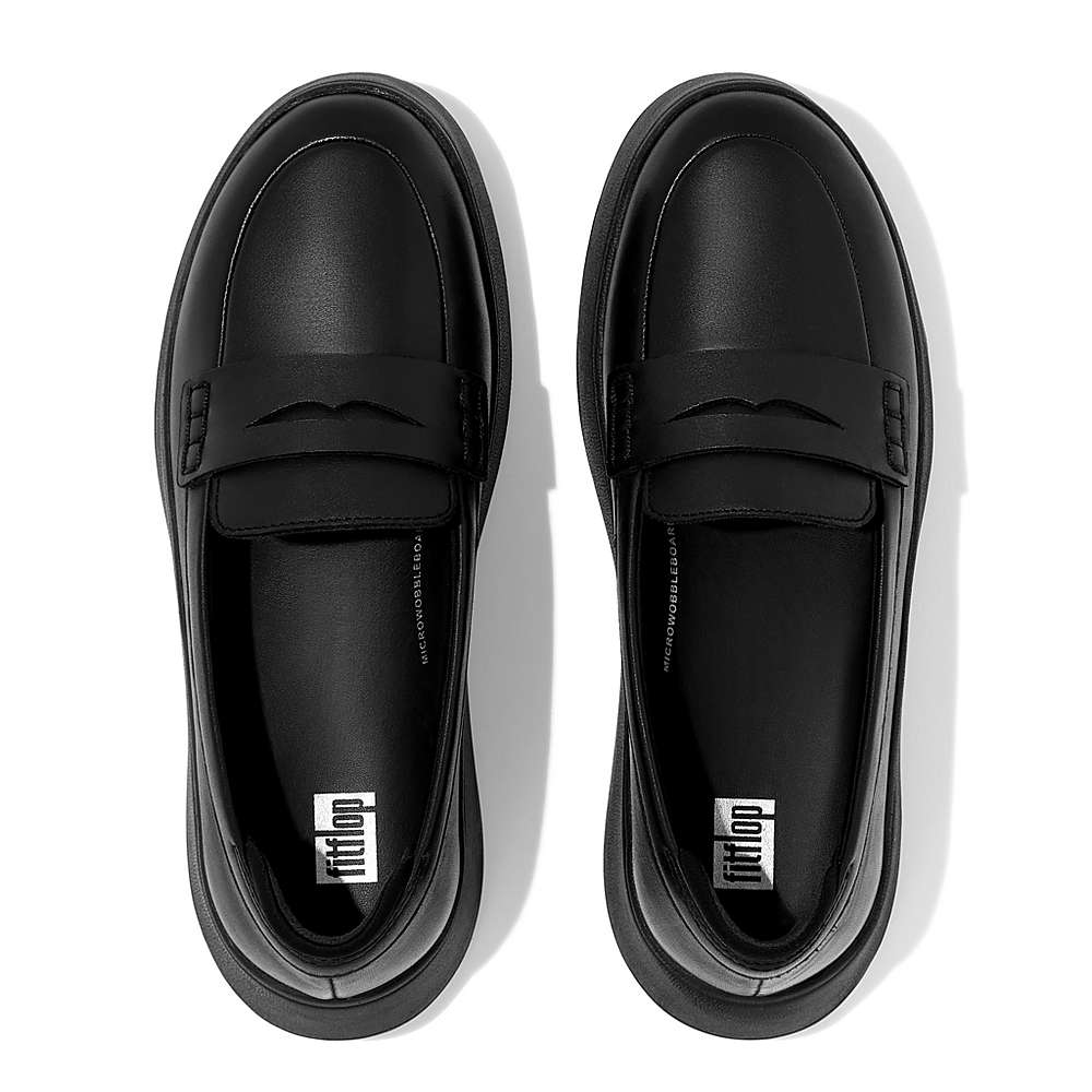 Women's Fitflop F-MODE Leather Flatform Penny Loafers Black | Ireland-83450