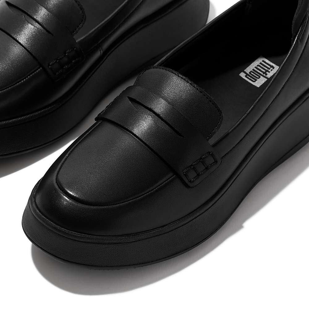 Women's Fitflop F-MODE Leather Flatform Penny Loafers Black | Ireland-83450