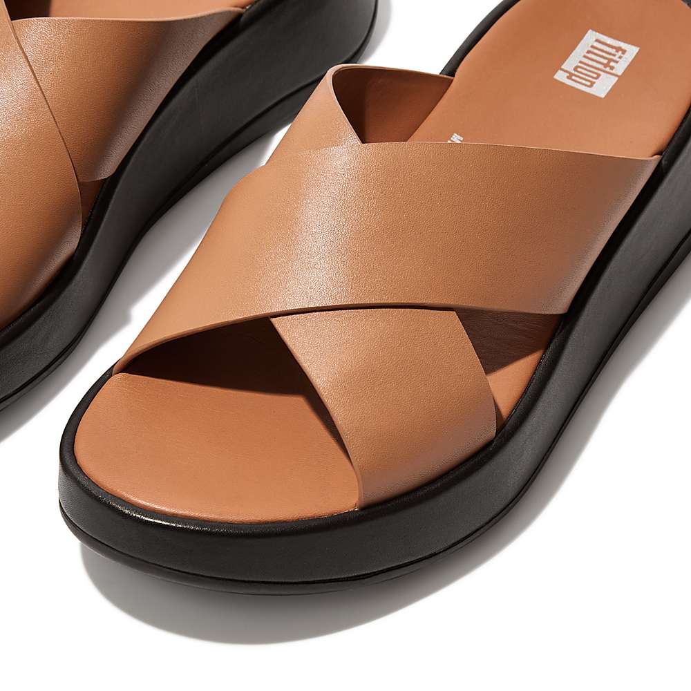 Women's Fitflop F-MODE Luxe Leather Flatform Cross Slides Sandals Brown | Ireland-59781