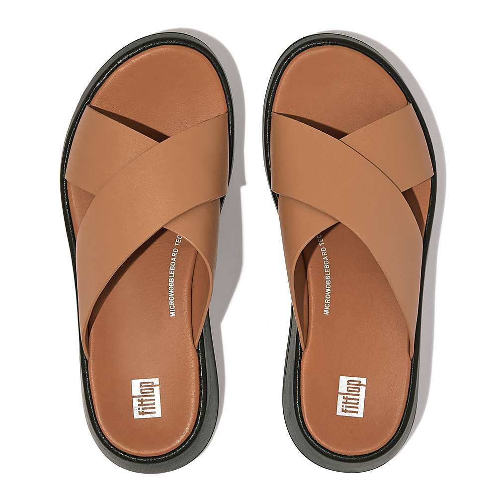 Women's Fitflop F-MODE Luxe Leather Flatform Cross Slides Sandals Brown | Ireland-59781