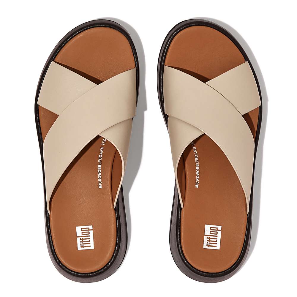 Women's Fitflop F-MODE Luxe Leather Flatform Cross Slides Sandals Beige/Black | Ireland-67543