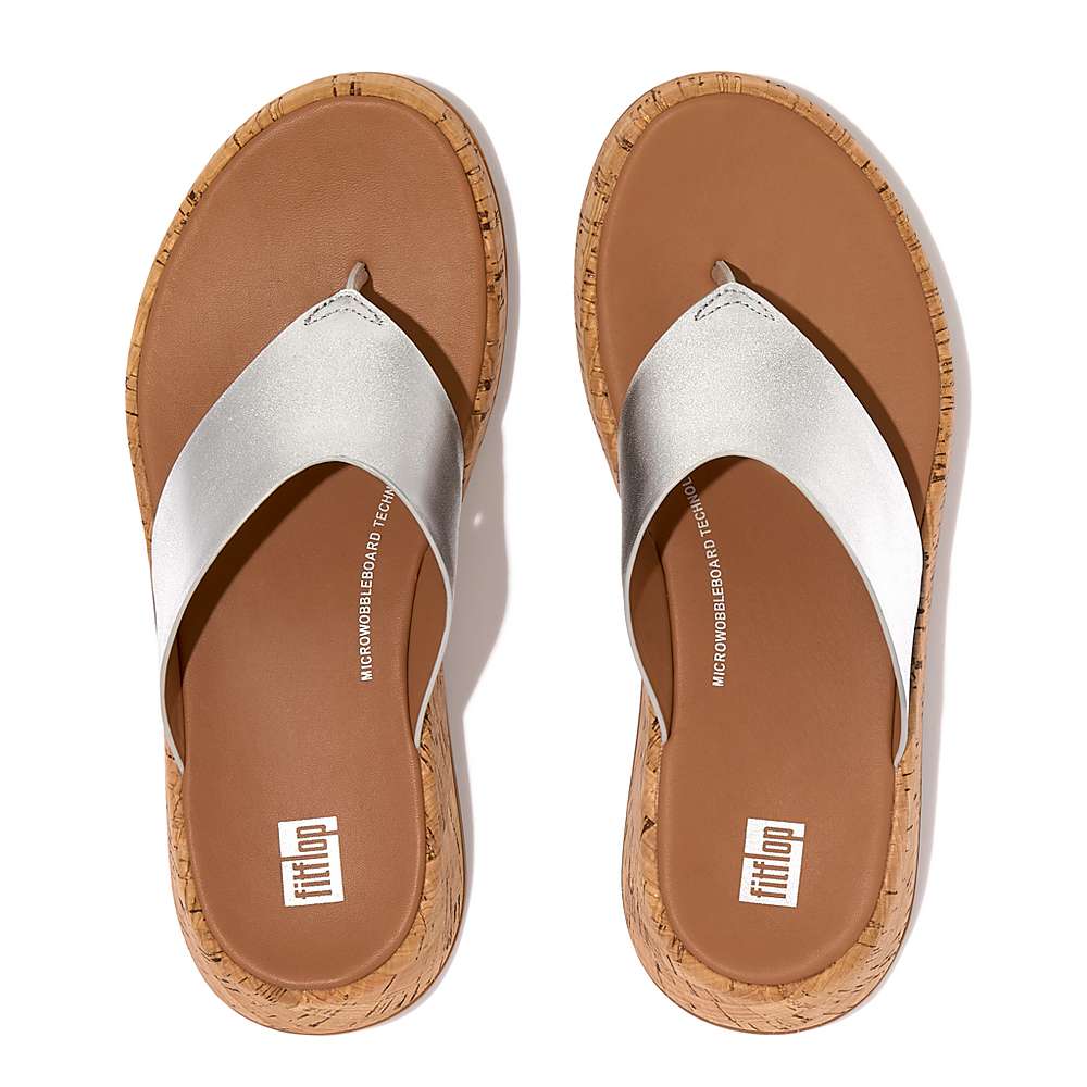 Women's Fitflop F-MODE Metallic Leather/Cork Flatform Toe-Post Sandals Silver | Ireland-04761