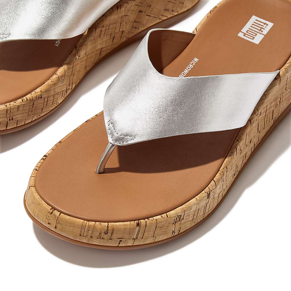 Women's Fitflop F-MODE Metallic Leather/Cork Flatform Toe-Post Sandals Silver | Ireland-04761