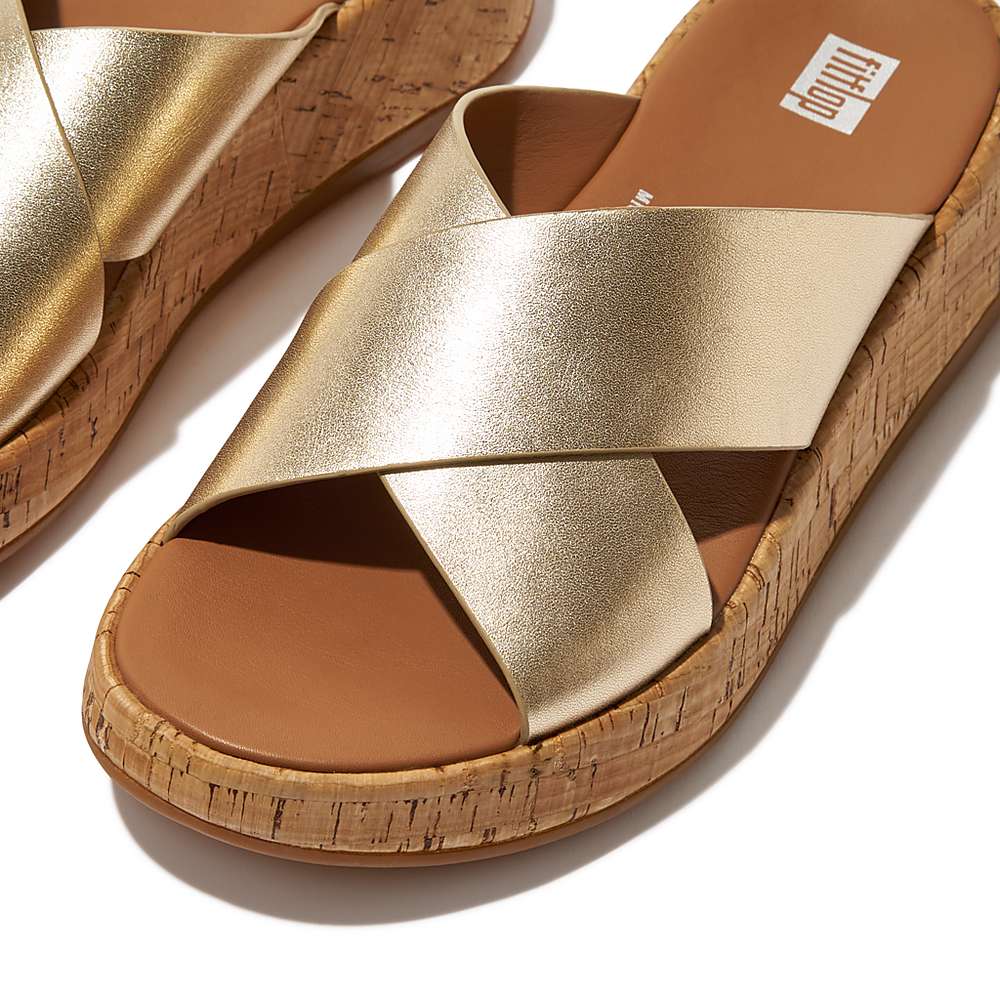 Women's Fitflop F-MODE Metallic Leather/Cork Flatform Cross Slides Sandals Brown/Gold | Ireland-07341